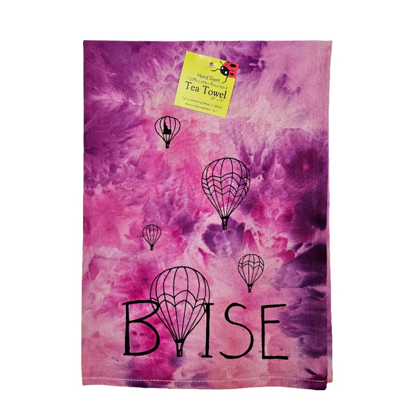Dyed Balloons Over Boise Tea Towel, Hand drawn and Screen Printed flour sack towel