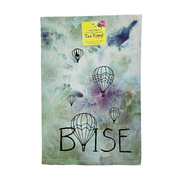 Dyed Balloons Over Boise Tea Towel, Hand drawn and Screen Printed flour sack towel