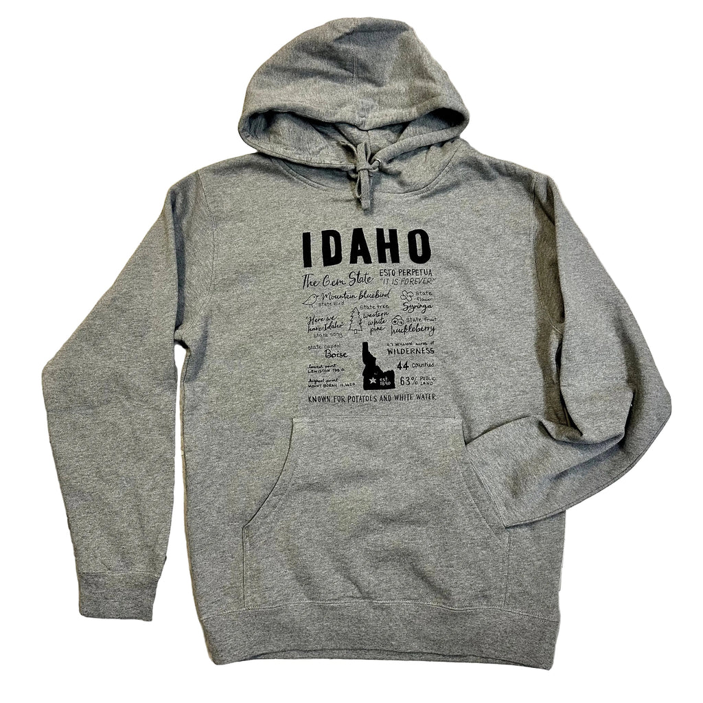 Idaho Facts Hoodie Screen Printed Sweatshirt, Eco Friendly Ink