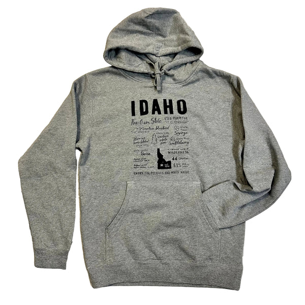 Idaho Facts Hoodie Screen Printed Sweatshirt, Eco Friendly Ink