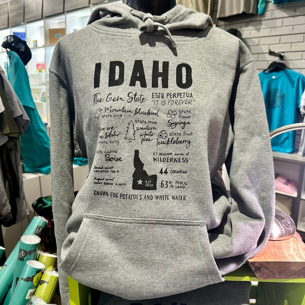 Idaho Facts Hoodie Screen Printed Sweatshirt, Eco Friendly Ink