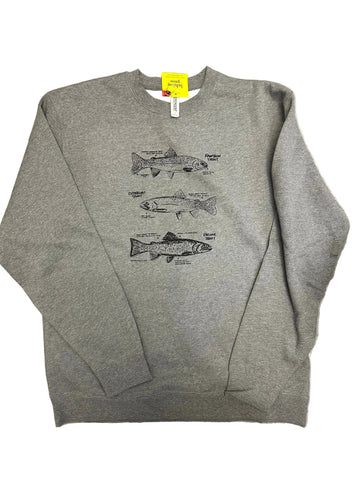 Trout Crewneck Grey Sweatshirt, screen printed with eco-friendly waterbased inks, adult sizes