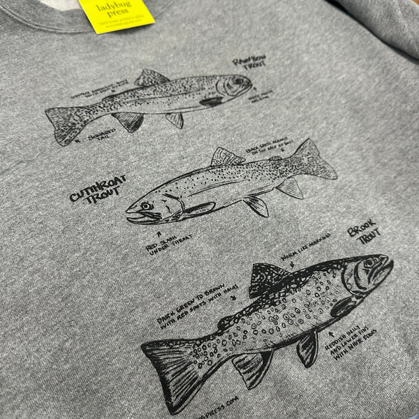 Trout Crewneck Grey Sweatshirt, screen printed with eco-friendly waterbased inks, adult sizes