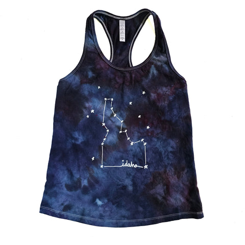 Ice Dyed Idaho Constellation Tank Top, screen printed with eco-friendly waterbased inks, adult sizes, women