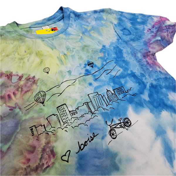 Ice Dyed Boise Balloons Adult T-shirt, Eco Friendly Waterbased Inks