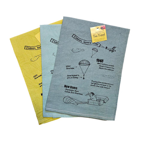Dyed Idaho Beaver Story Tea Towel, Hand drawn and Screen Printed flour sack towel