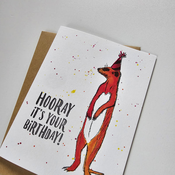 Hooray meerkat, birthday illustration letterpress eco friendly