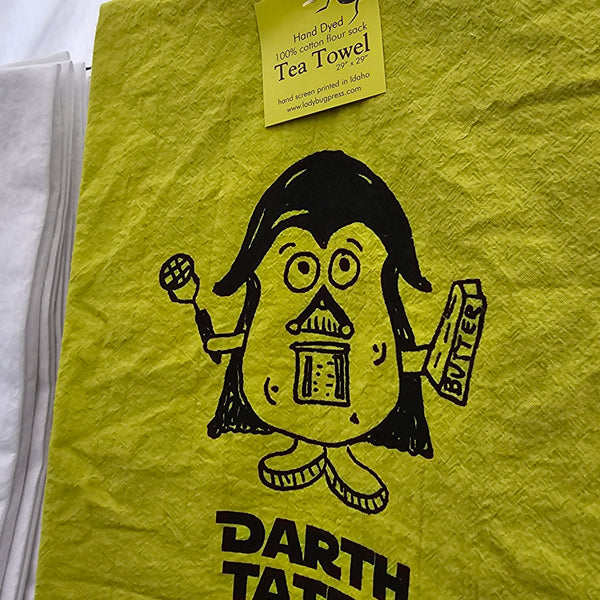 Dyed Darth Tater Tea Towel, Hand drawn and Screen Printed flour sack towel