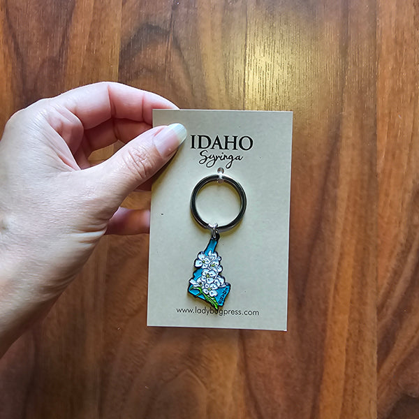 Idaho Syringa Enamel Keychain, Idaho’s State Flower