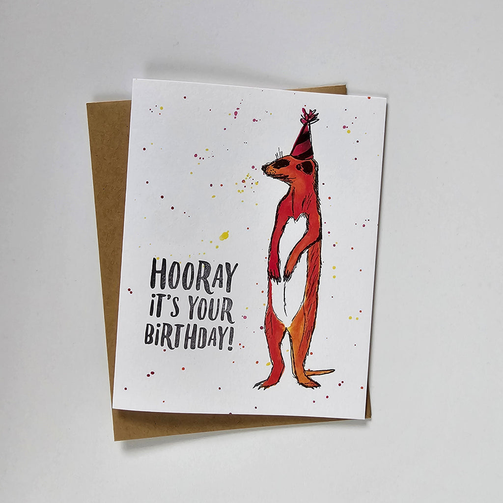 Hooray meerkat, birthday illustration letterpress eco friendly