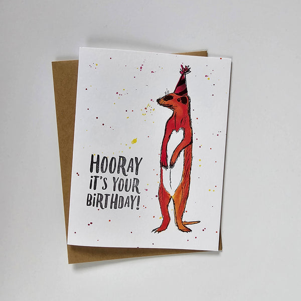 Hooray meerkat, birthday illustration letterpress eco friendly
