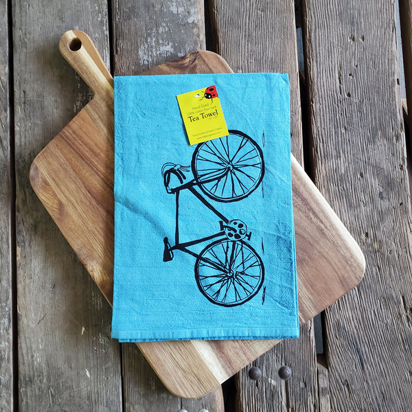 Dyed Bike Tea Towel, Screen Printed flour sack towel