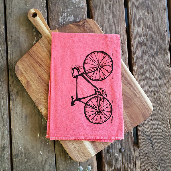 Dyed Bike Tea Towel, Screen Printed flour sack towel