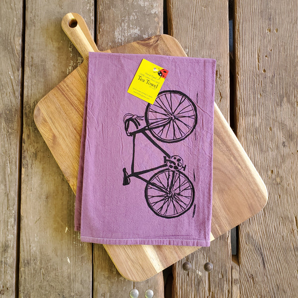 Dyed Bike Tea Towel, Screen Printed flour sack towel