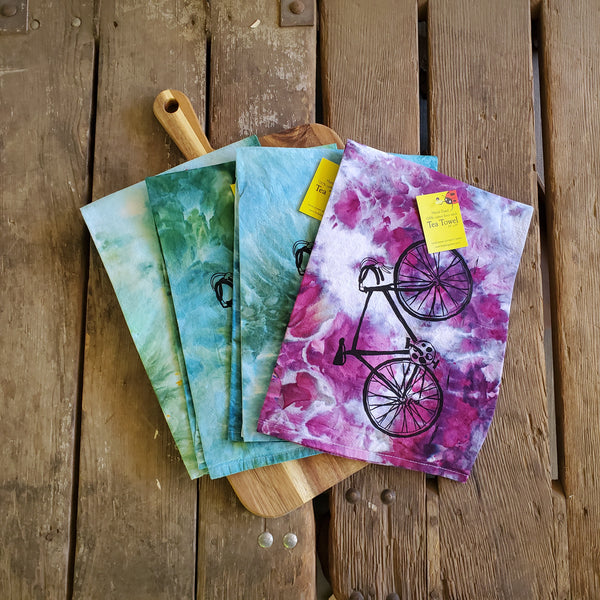 Dyed Bike Tea Towel, Screen Printed flour sack towel