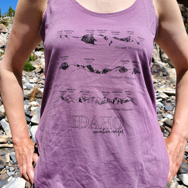 Idaho Mountain Ranges Women's tank top, screen printed with eco-friendly waterbased inks, adult sizes
