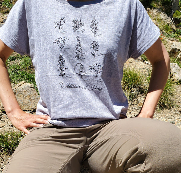 Wildflowers of Idaho Women's Dolman T-shirt, screen printed with eco-friendly waterbased inks, adult sizes