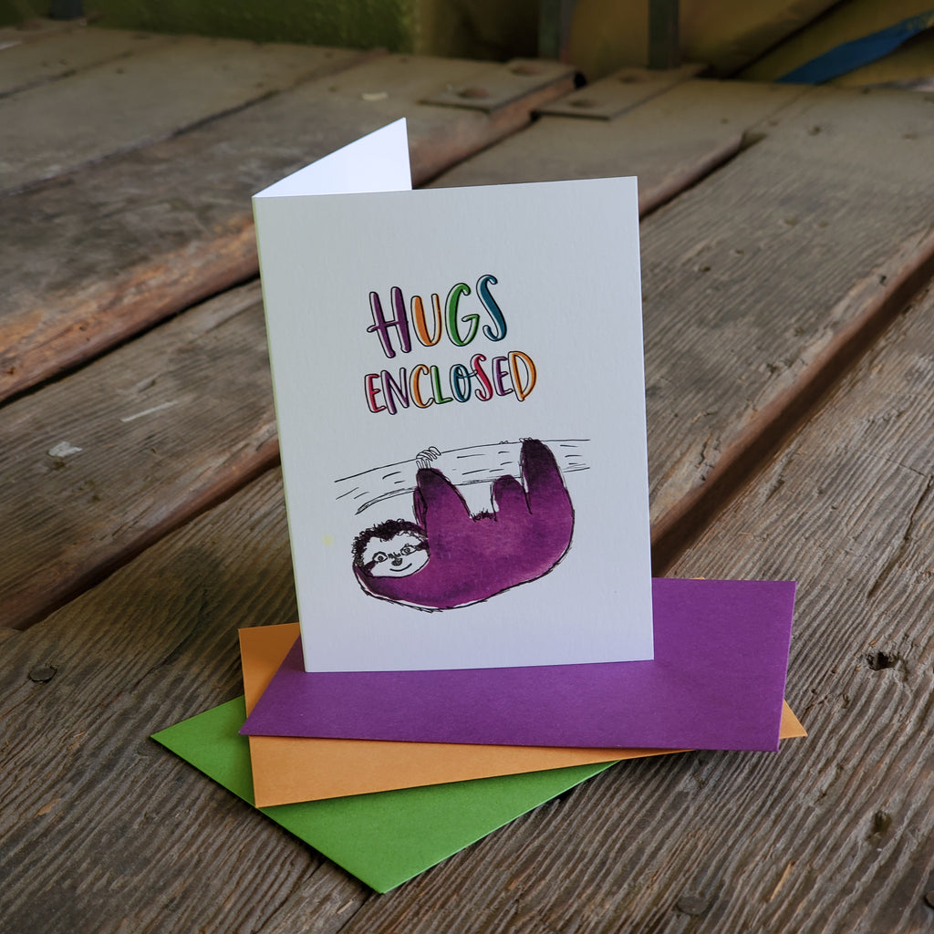 Hugs enclosed sloth card, letterpress printed eco friendly Ladybug Press Hugs enclosed sloth card, letterpress printed eco friendly Ladybug Press
