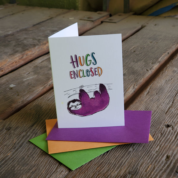 Hugs enclosed sloth card, letterpress printed eco friendly