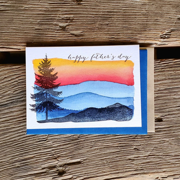Happy Father's day tree and mountains, letterpress printed card.  Eco friendly, happy fathers day