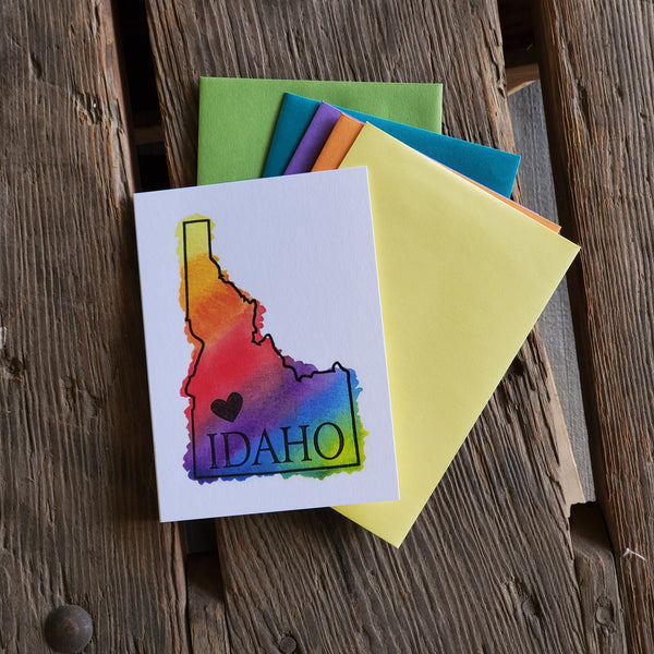 Idaho Heart Rainbow Card, RAINBOW watercolor letterpress printed eco friendly