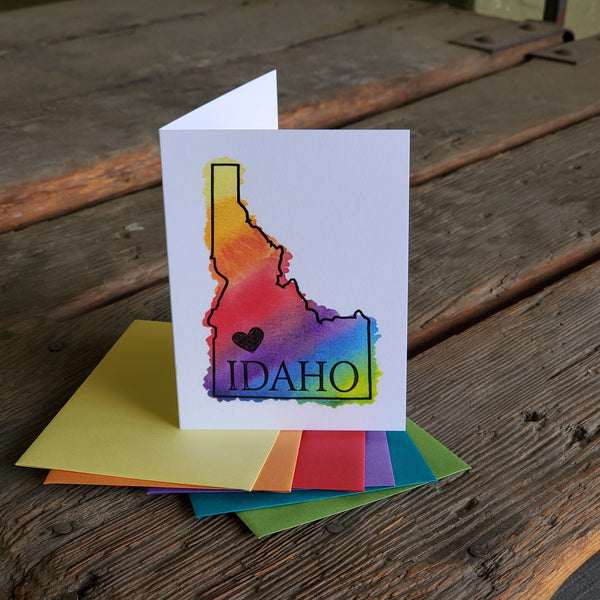 Idaho Heart Rainbow Card, RAINBOW watercolor letterpress printed eco friendly