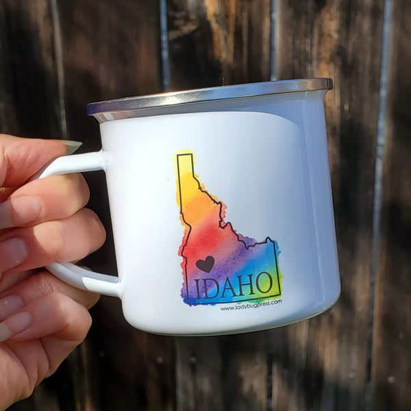 Rainbow Idaho Heart Enamel Mug, RAINBOW watercolor