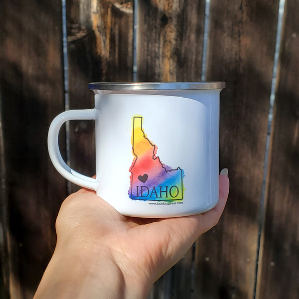 Rainbow Idaho Heart Enamel Mug, RAINBOW watercolor