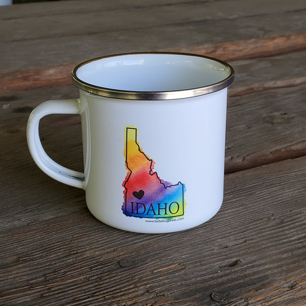 Rainbow Idaho Heart Enamel Mug, RAINBOW watercolor