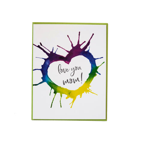 Love you mom, watercolor heart Mother's Day, letterpress printed card. Eco friendly
