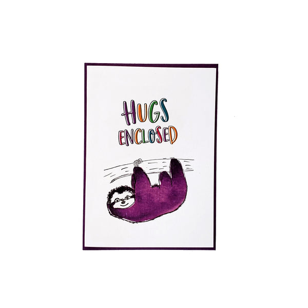 Hugs enclosed sloth card, letterpress printed eco friendly
