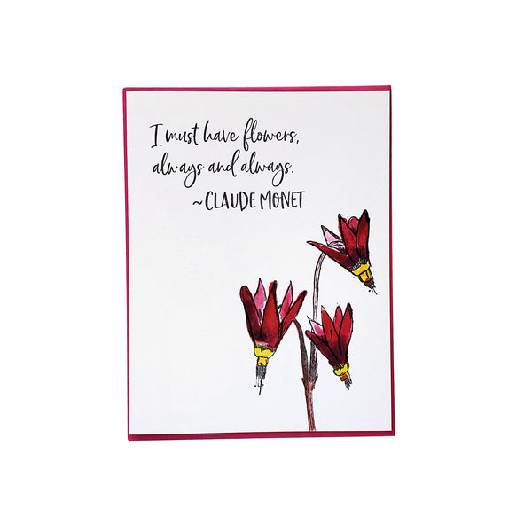 Claude Monet quote card, shooting star wildflower quote, letterpress printed card. Eco friendly