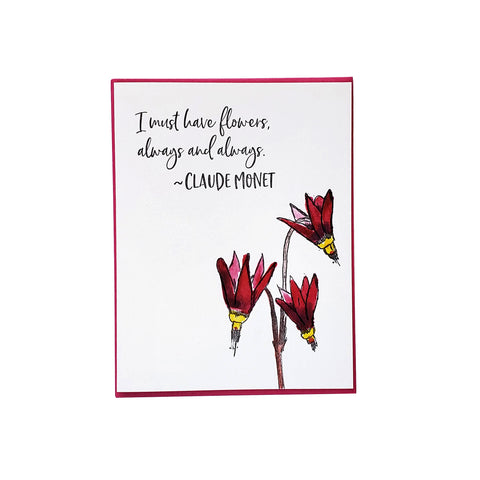 Claude Monet quote card, shooting star wildflower quote, letterpress printed card. Eco friendly