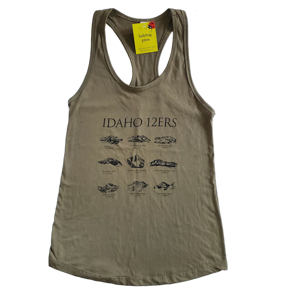 Idaho 12ers Mountain Peaks Women's tank top, screen printed with eco-friendly waterbased inks, adult sizes
