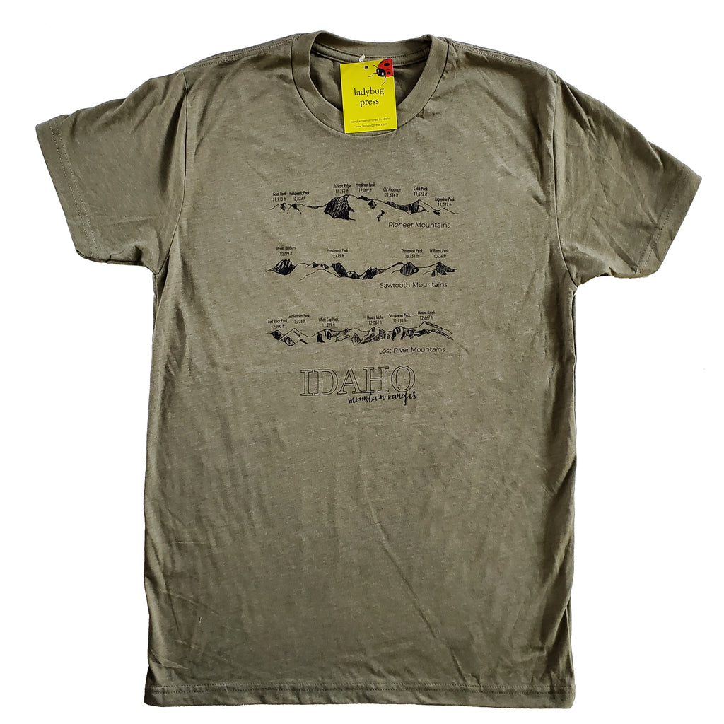 Idaho Mountain Ranges T-shirt, screen printed with eco-friendly waterbased  inks, adult sizes