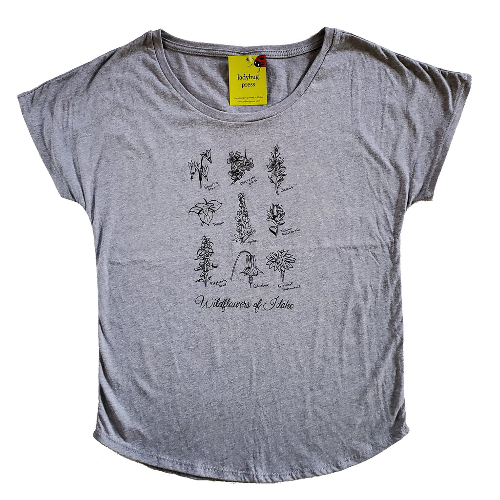 Wildflowers of Idaho Women's Dolman T-shirt, screen printed with eco-friendly waterbased inks, adult sizes