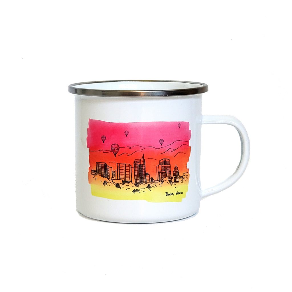Boise Skyline Watercolor Enamel Mug, watercolor