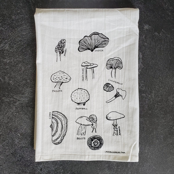 Mushrooms Tea Towel, Screen Printed flour sack dish towel