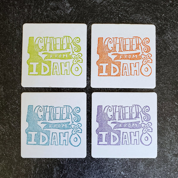 Cheers from Idaho Coasters,  (Letterpress printed, 3.5 inches) set of 4, perfect gift