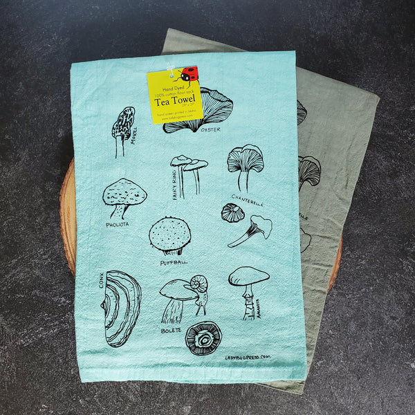 Dyed Mushroom Tea Towel, Screen Printed flour sack towel
