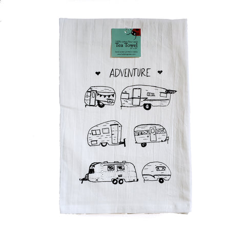Vintage Campers Tea Towel, Screen printed flour sack towel