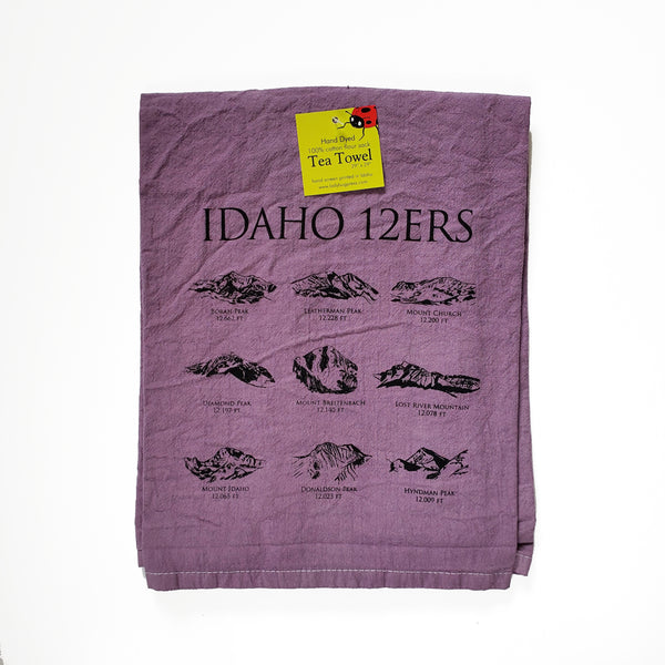 Dyed 12ers Idaho Mountains Peaks Tea Towel, Screen Printed flour sack towel