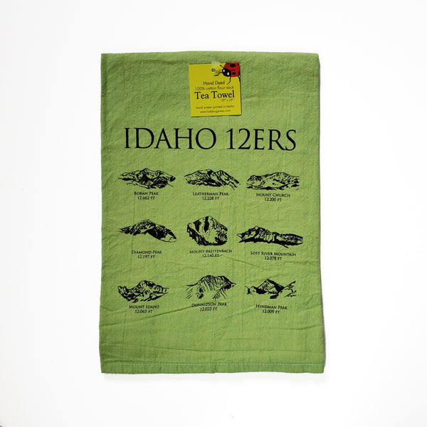 Dyed 12ers Idaho Mountains Peaks Tea Towel, Screen Printed flour sack towel