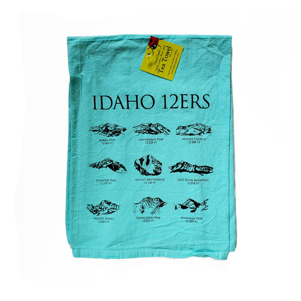 Dyed 12ers Idaho Mountains Peaks Tea Towel, Screen Printed flour sack towel