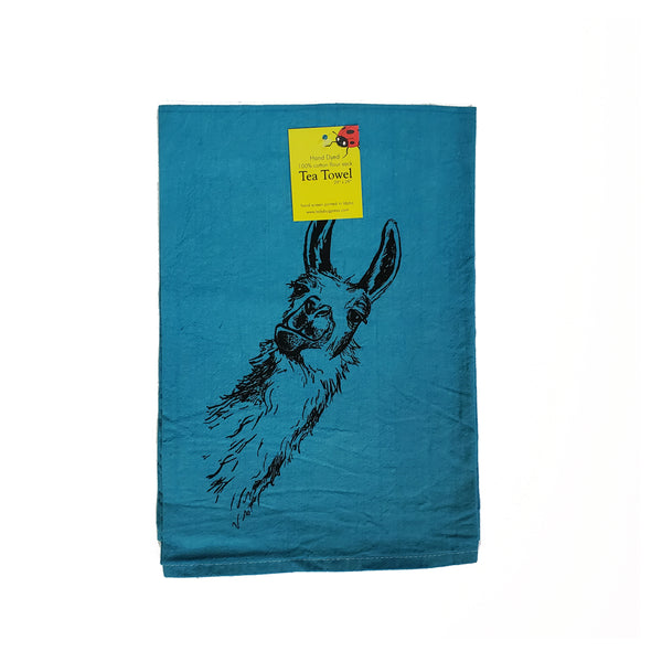 Dyed Llama tea towel, Screen Printed flour sack towel