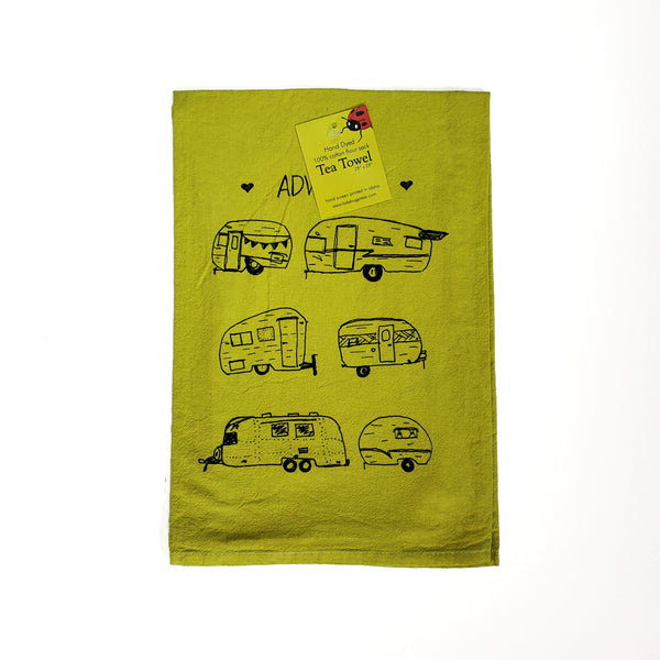 Dyed Vintage Campers Tea Towel, Screen Printedflour sack towel