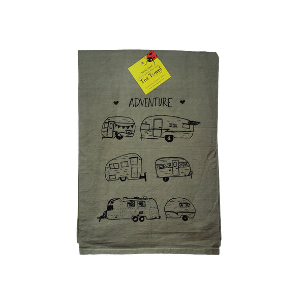 Dyed Vintage Campers Tea Towel, Screen Printedflour sack towel