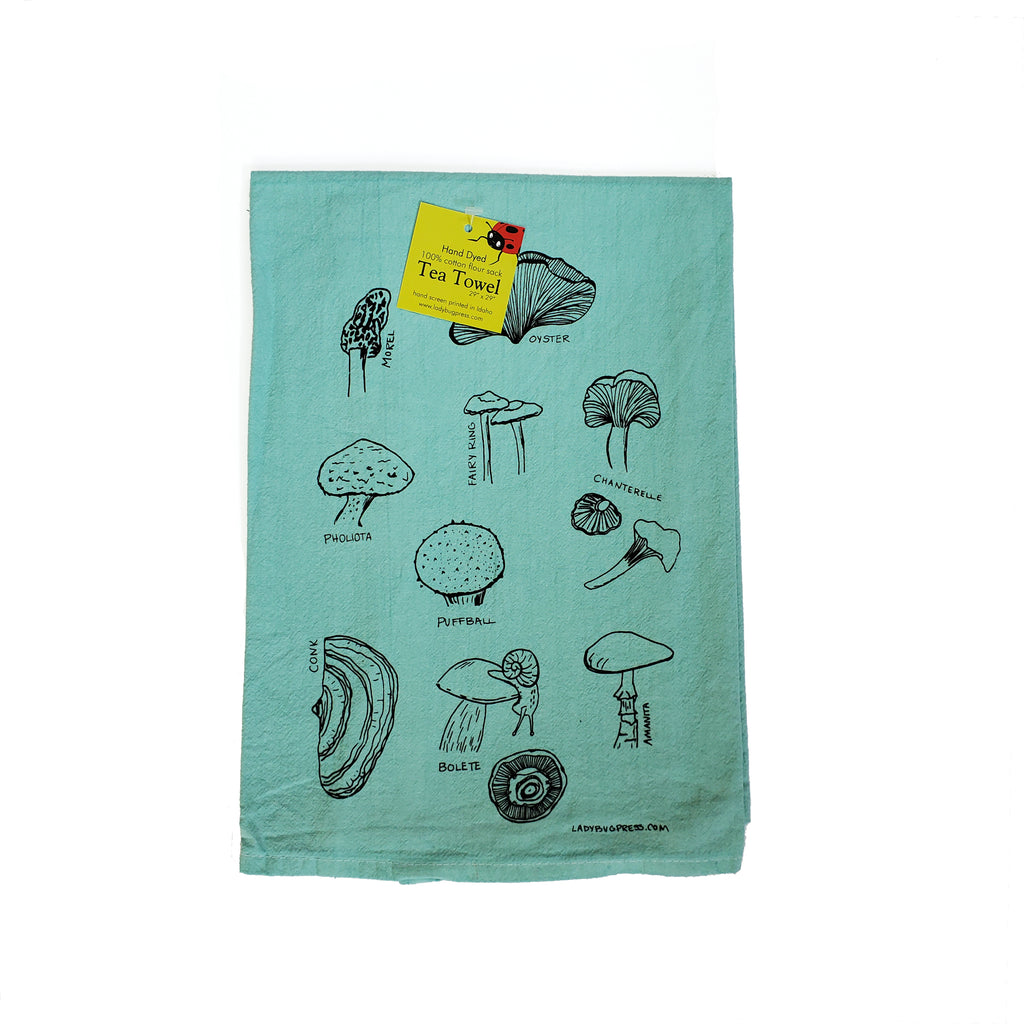 Dyed Mushroom Tea Towel, Screen Printed flour sack towel