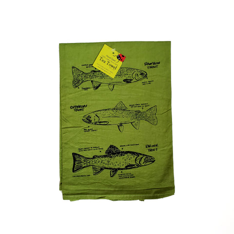 Dyed Trout Tea Towel, Screen Printed flour sack dish towel