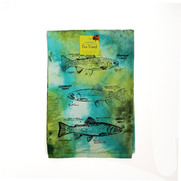 Dyed Trout Tea Towel, Screen Printed flour sack dish towel